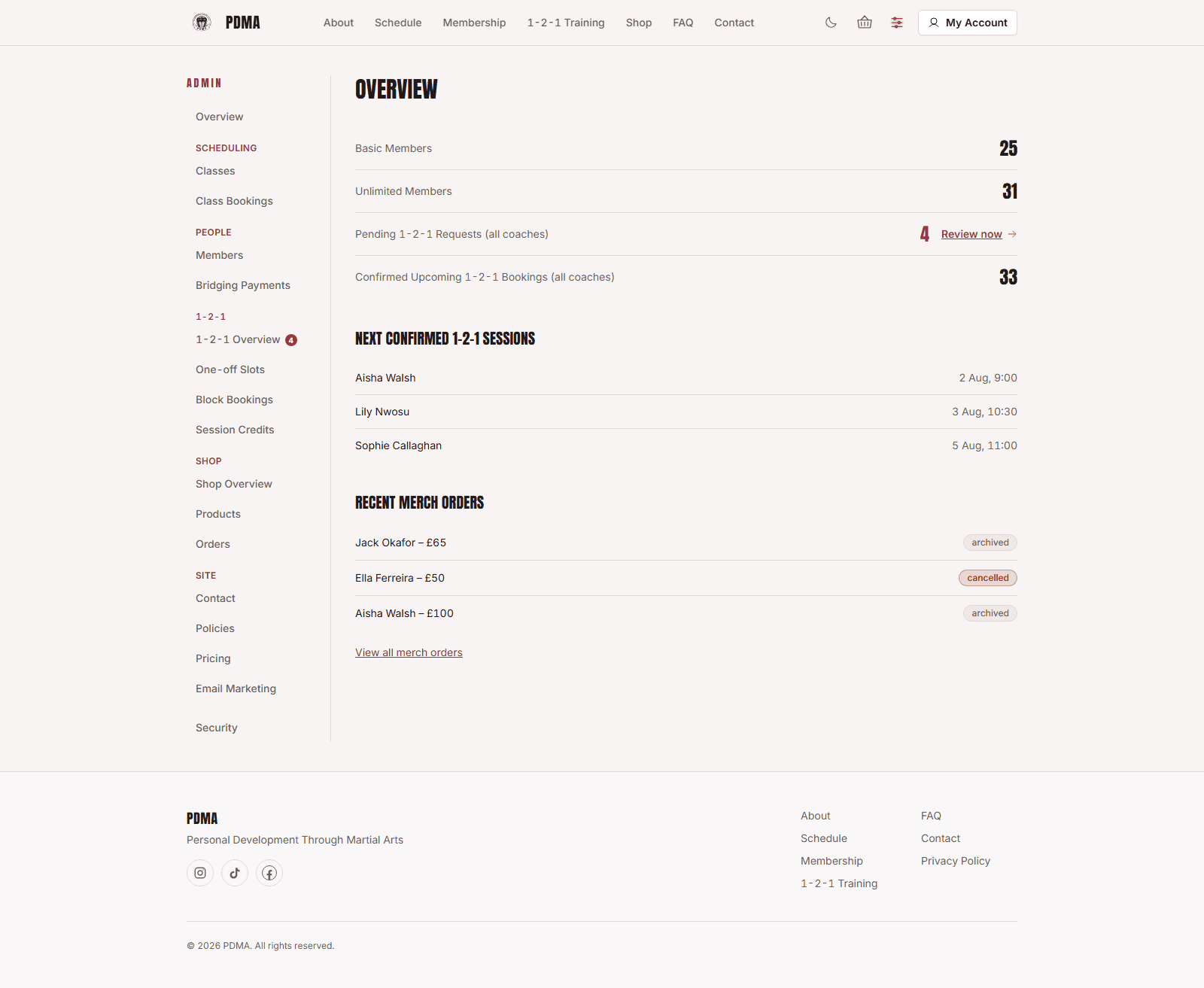 PDMA Muay Thai gym's admin dashboard, viewed on a laptop